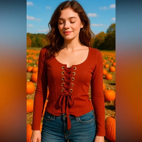 Free People Rust Red Lace-Up Long Sleeve Top Women’s Large - Picture 1 of 7